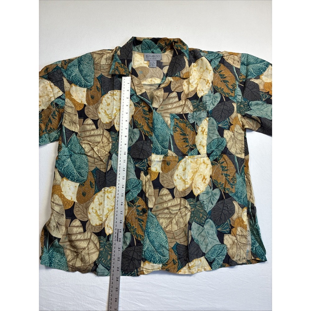 Bamboo Melrose Vintage Silk Shirt 80s 90s Unisex Men's Neutral Leaf Large - Picture 4 of 6